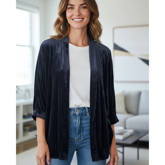 Navy Blue Velour Open Cardigan Shrug Shawl 3/4 Bat Wing Sleeve NWT No Size - Picture 1 of 8